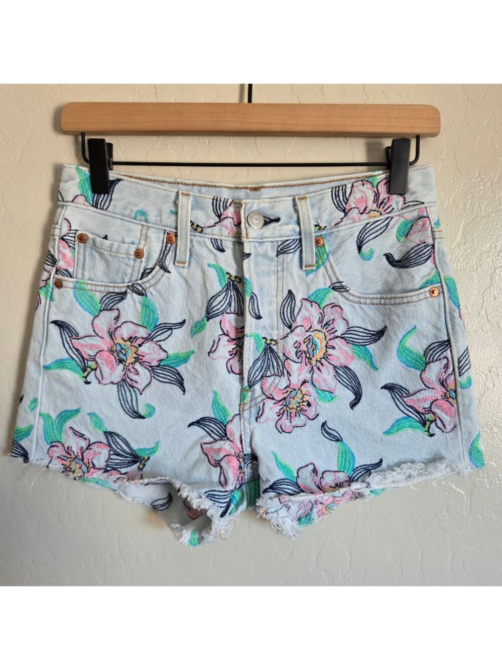Levi's 501 Hella Bloom Floral Embroidered Denim Cut-Off Shorts Blue Women's 25